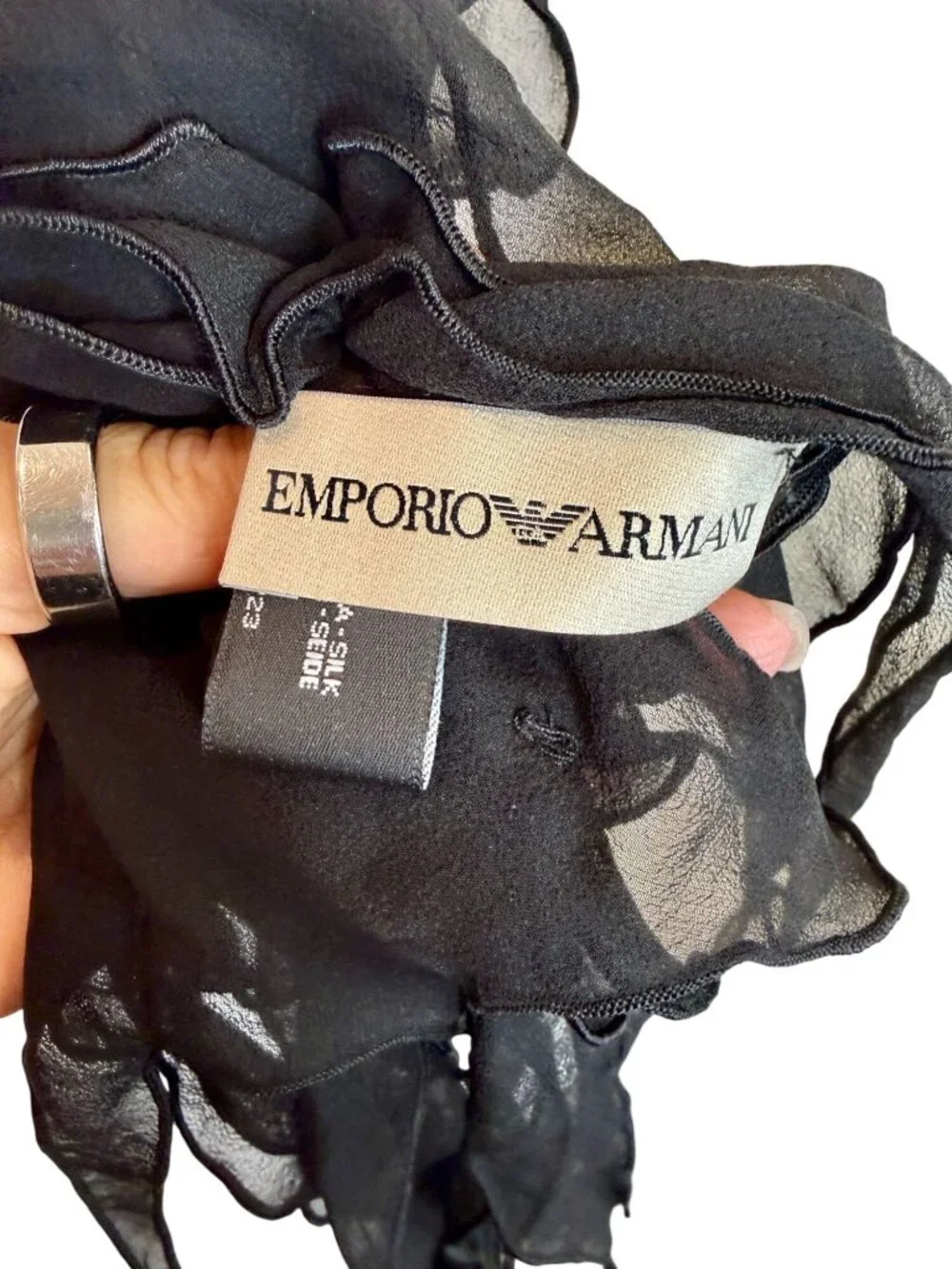 Emporio Armani Silk Scarf Black Y2K Ruffles Floral Rosette Evening Wrap - One Si